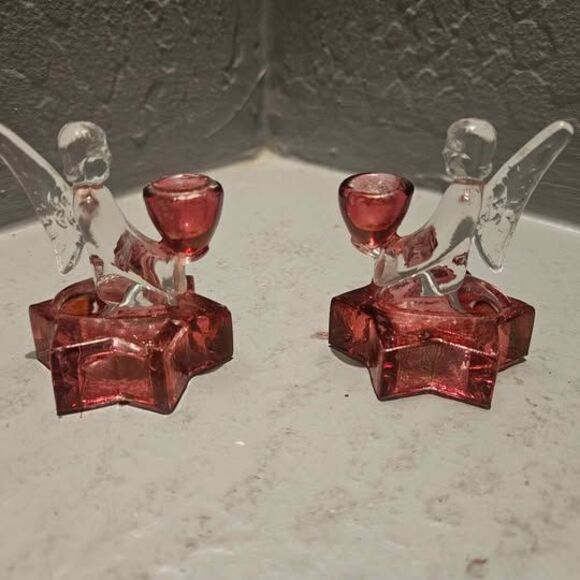 L E Smith Cranberry Glass Angel Candlestick Candle Holders Set of 2 2.5"x 2" - Picture 2 of 5